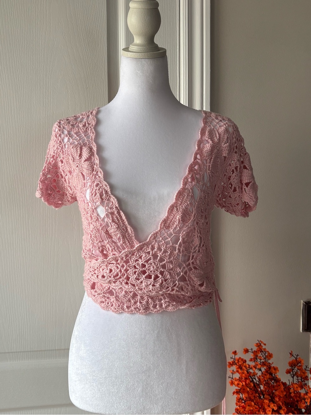 Vintage Pink Crochet Wrap Cardigan